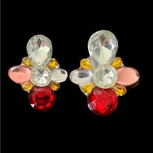 Vintage XL Pierced Earrings with Faux Rubies Diamonds and Citrine See Photos